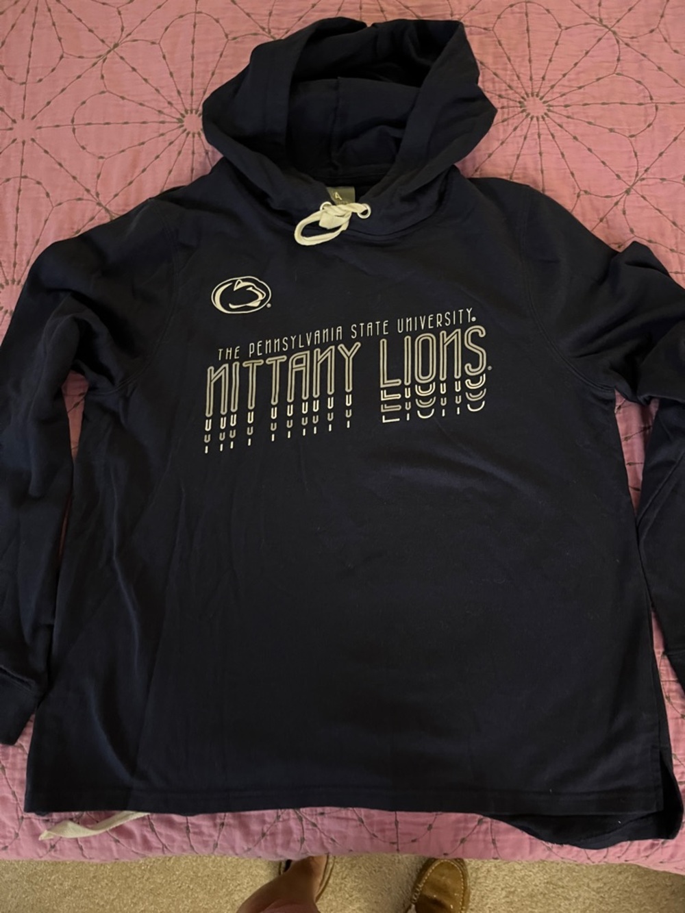 Knights Apparel Navy Long Sleeve Penn State Tee with Hood and White Drawstrings